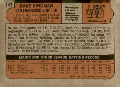Vintage baseball card back featuring Dave Kingman, trading card of San Francisco Giants