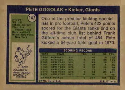 Vintage Pete Gogolak trading card from 1972 Topps #147 in VG-EX condition