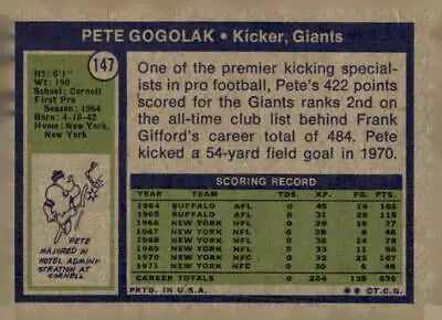 Vintage Pete Gogolak trading card from the 1972 Topps series featuring York Giants placekicker