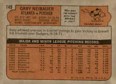 Vintage 1972 Topps Gary Neibauer baseball card back showing player stats and info