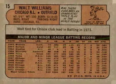 Vintage baseball card back of 1972 Topps #15 Walt Williams sports trading card