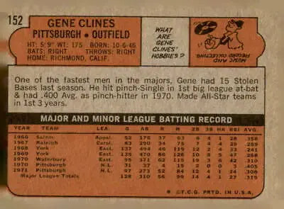 Vintage baseball card back of 1972 Topps #152 Gene Clines baseball card