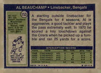 Al Beauchamp football card back from 1972 Topps #153 showcasing vintage Beauchamp football card