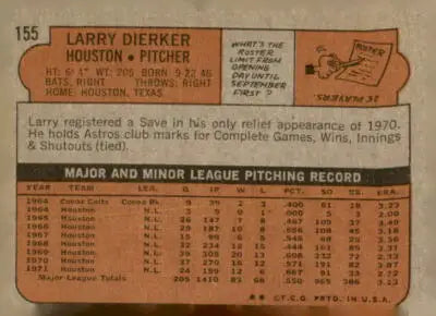 Vintage baseball card back of 1972 Topps Larry Dierker Dierker baseball card