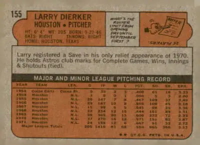 Vintage 1972 Topps Larry Dierker baseball card back showing sports trading card details