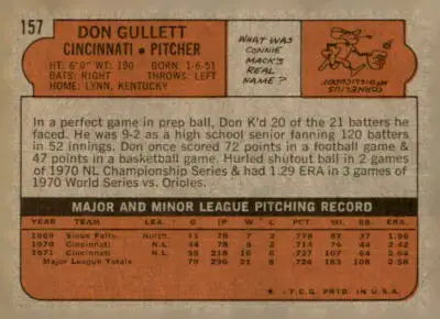 Vintage Don Gullett baseball card back from 1972 Topps #157 Don Gullett EX-MT