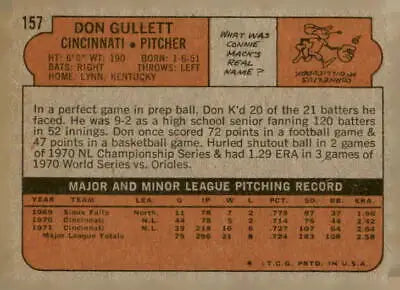 Vintage baseball card back of Don Gullett from 1972 Topps #157 Cincinnati Reds