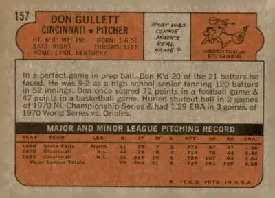 Vintage Don Gullett trading card back from the 1972 Topps #157 Cincinnati Reds player