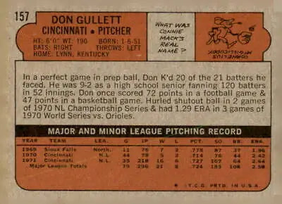 Vintage Don Gullett trading card back from 1972 Topps Cincinnati Reds collectible