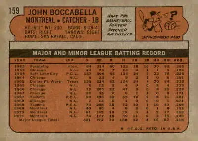 1972 Topps #159 John Boccabella EX-MT baseball card featuring Montreal Expos player