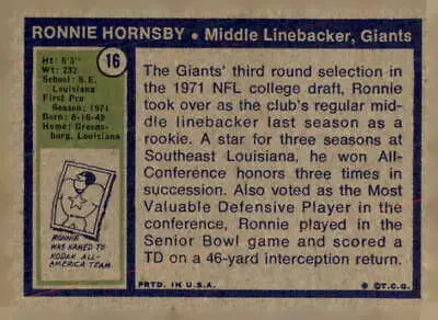 Vintage Ronnie Hornsby football card from 1972 Topps #16, a rare Hornsby trading card