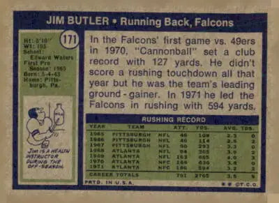 Jim Butler football card from 1972 Topps #171, an EX-MT Butler football card