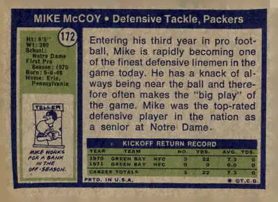 Vintage Mike McCoy trading card from 1972 Topps, a must-have for sports trading fans