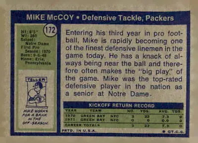 Vintage football card of Mike McCoy from 1972 Topps #172 for Mike McCoy sports trading