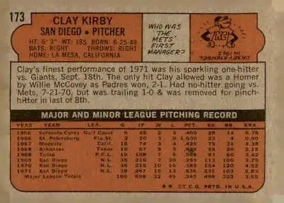 Vintage baseball card back of Clay Kirby San Diego Padres 1972 Topps #173