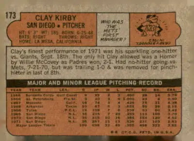 Vintage baseball card back of 1972 Topps #173 Clay Kirby San Diego Padres storage