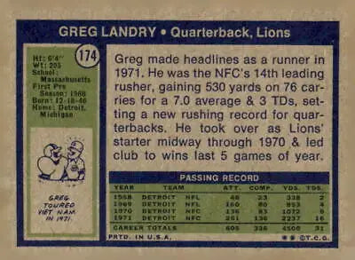 Vintage Greg Landry trading card from 1972 Topps featuring the Detroit Lions