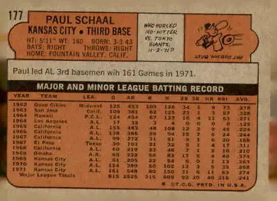 Vintage 1972 Topps Paul Schaal trading card featuring classic baseball memorabilia