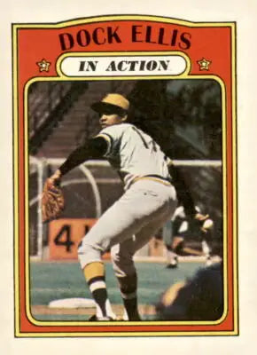 Dock Ellis baseball card from 1972 Topps #180 featuring Dock Ellis gameplay action