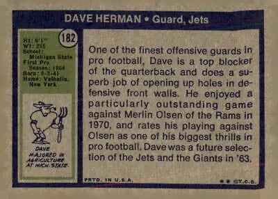 Vintage Dave Herman football card featuring York Jets from 1972 Topps #182