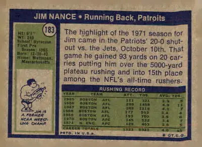 Vintage Jim Nance football trading card from 1972 Topps #183 featuring England Patriots icon