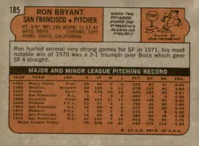 Ron Bryant San Francisco Giants baseball card back from 1972 Topps #185