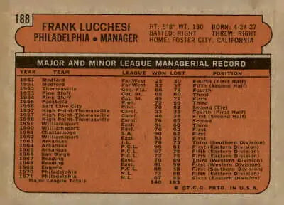Back of 1972 Topps #188 Frank Lucchesi baseball card displaying player stats and details