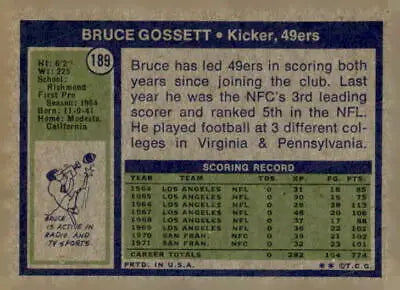 Vintage Bruce Gossett football card from 1972 Topps showcasing San Francisco 49ers history