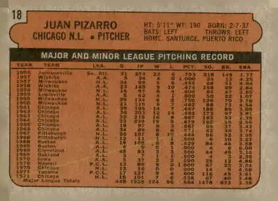 Vintage 1972 Topps baseball card number 18b Juan Pizarro Green under C and S EX-MT