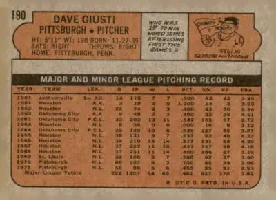 Vintage baseball card back of 1972 Topps Dave Giusti sports trading card