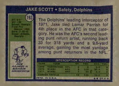 Vintage Jake Scott football trading card 1972 Topps Miami Dolphins collectible
