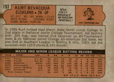 Vintage baseball card back of 1972 Topps #193 Kurt Bevacqua VG-EX for collectors