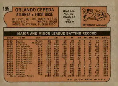 Vintage baseball card back of 1972 Topps Orlando Cepeda featuring Atlanta Braves