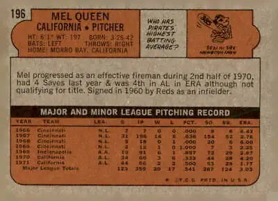 Back of 1972 Topps #196 Mel Queen baseball card featuring California Angels player