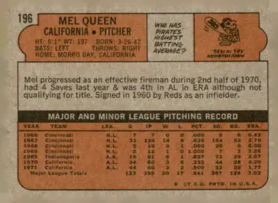 Vintage baseball card back from 1972 Topps #196 Mel Queen sports trading card