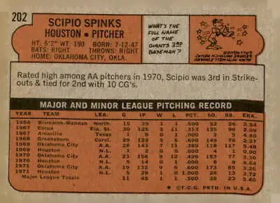 Back of the 1972 Topps #202 Scipio Spinks baseball card showcasing player stats