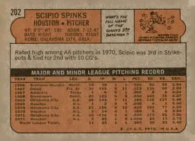 Vintage trading card back of Scipio Spinks from 1972 Topps Houston Astros series
