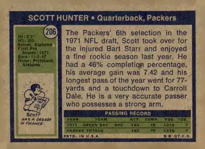 Vintage trading card of Scott Hunter from 1972 Topps #206, excellent condition