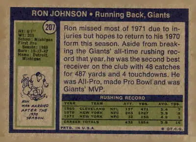 Vintage Ron Johnson sports trading card from the 1972 Topps #207 series EX-MT condition