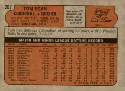 Back of 1972 Topps #207 Tom Egan sports trading card highlighting player statistics