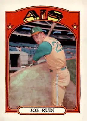 Joe Rudi baseball card from 1972 Topps showcasing vibrant imagery of the Oakland Athletics