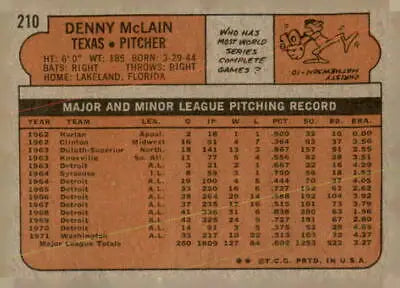 Denny McLain baseball card back from 1972 Topps #210 sports trading card collection