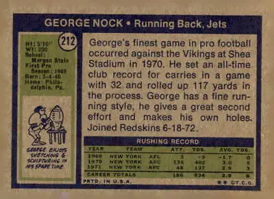Vintage George Nock sports trading card from the 1972 Topps series, #212 EX-MT condition