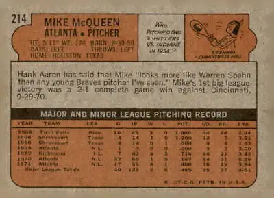 Vintage Mike McQueen trading card back from 1972 Topps #214 baseball card