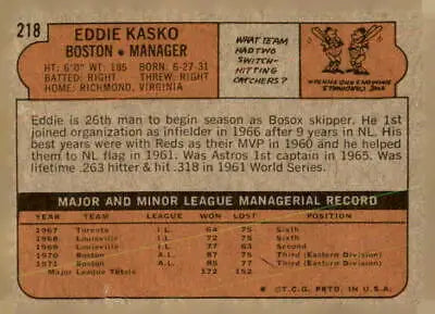 Back of 1972 Topps #218 Eddie Kasko baseball card featuring Boston Red Sox player stats
