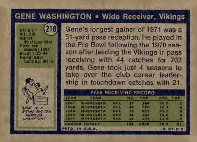 Vintage Gene Washington 1972 Topps #218 sports trading card in EX-MT condition