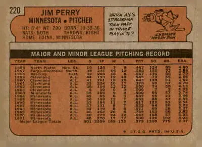 1972 Topps #220 Jim Perry baseball card featuring the legendary pitcher Jim Perry