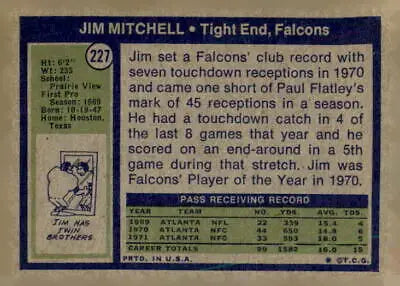 Vintage Jim Mitchell sports trading card from the 1972 Topps #227 collection