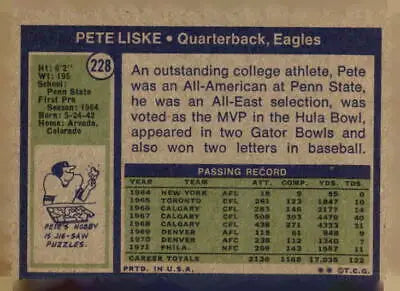 Pete Liske 1972 Topps #228 football trading card in EX-MT condition for sports trading fans