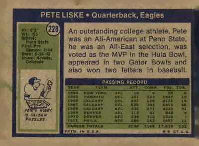 Vintage Pete Liske trading card from the 1972 Topps #228 in VG-EX condition